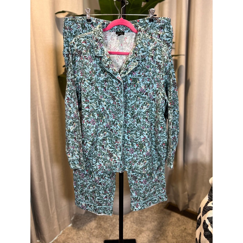 Talbots Womens Blue Floral Knit Pajama Set Button Front Long Sleeve Size L